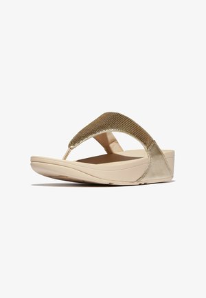 Sandalo con zeppa beige con suola imbottita e cinturino infradito in tessuto oro metallico impreziosito con piccoli strass.