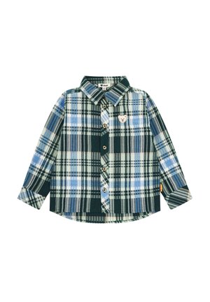Langärmeliges, karierte Hemd mit Knöpfen in Blau, Grün und Weiß, mit einem kleinen Teddybärgesicht-Patch auf der linken Brust.