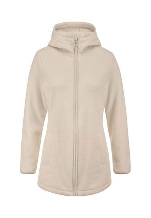 Beige Fleece-Hoodie mit einem Frontreißverschluss, zwei Seiten Taschen und einer größeren Kapuze. Weiche Textur mit glatter Oberfläche und minimaler Verarbeitung.
