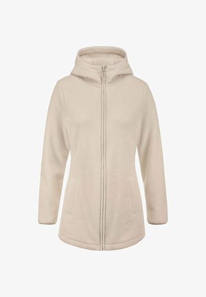 Beige Fleece-Hoodie mit einem Frontreißverschluss, zwei Seiten Taschen und einer größeren Kapuze. Weiche Textur mit glatter Oberfläche und minimaler Verarbeitung.