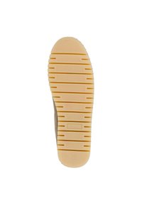 Bruine schoenzool met een gestructureerde gele rubberen grip, voorzien van horizontale en verticale groeven voor grip en duurzaamheid.