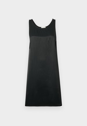 Μαύρο αμάνικο φόρεμα, κατασκευασμένο από απαλό ύφασμα, με στρογγυλή λαιμόκοψη και γραμμή Α, με μινιμαλιστικό σχέδιο.