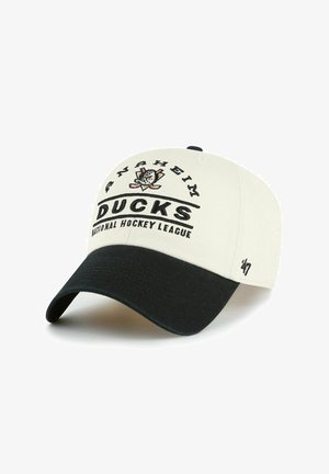 White baseball cap with a black visor. Features "Anaheim Ducks" and "National Hockey League" embroidered in black. Small logo on the side.