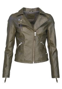 Olivenfarbene Leder-Bikerjacke mit silbernen Reißverschlüssen, asymmetrischem Frontverschluss und schrägen Reißverschlusstaschen.