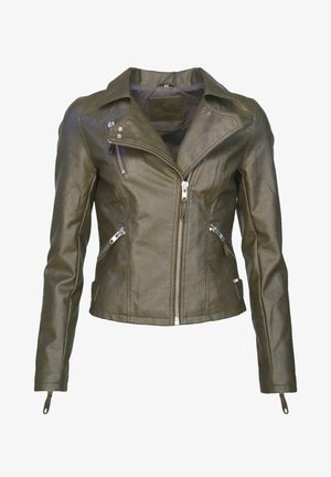 Olive green leather biker jacket with silver zippers, featuring an asymmetrical front closure and angled zippered pockets.