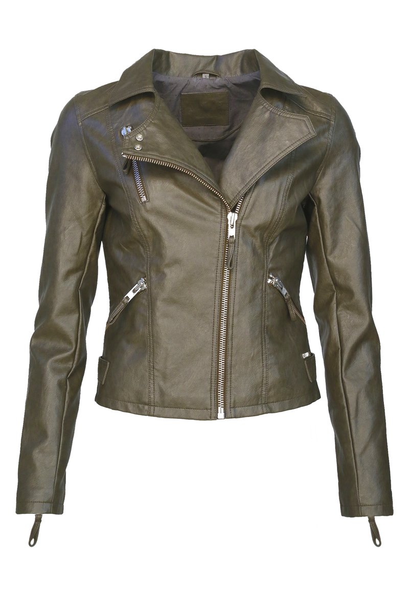 Olivenfarbene Leder-Bikerjacke mit silbernen Reißverschlüssen, asymmetrischem Frontverschluss und schrägen Reißverschlusstaschen.