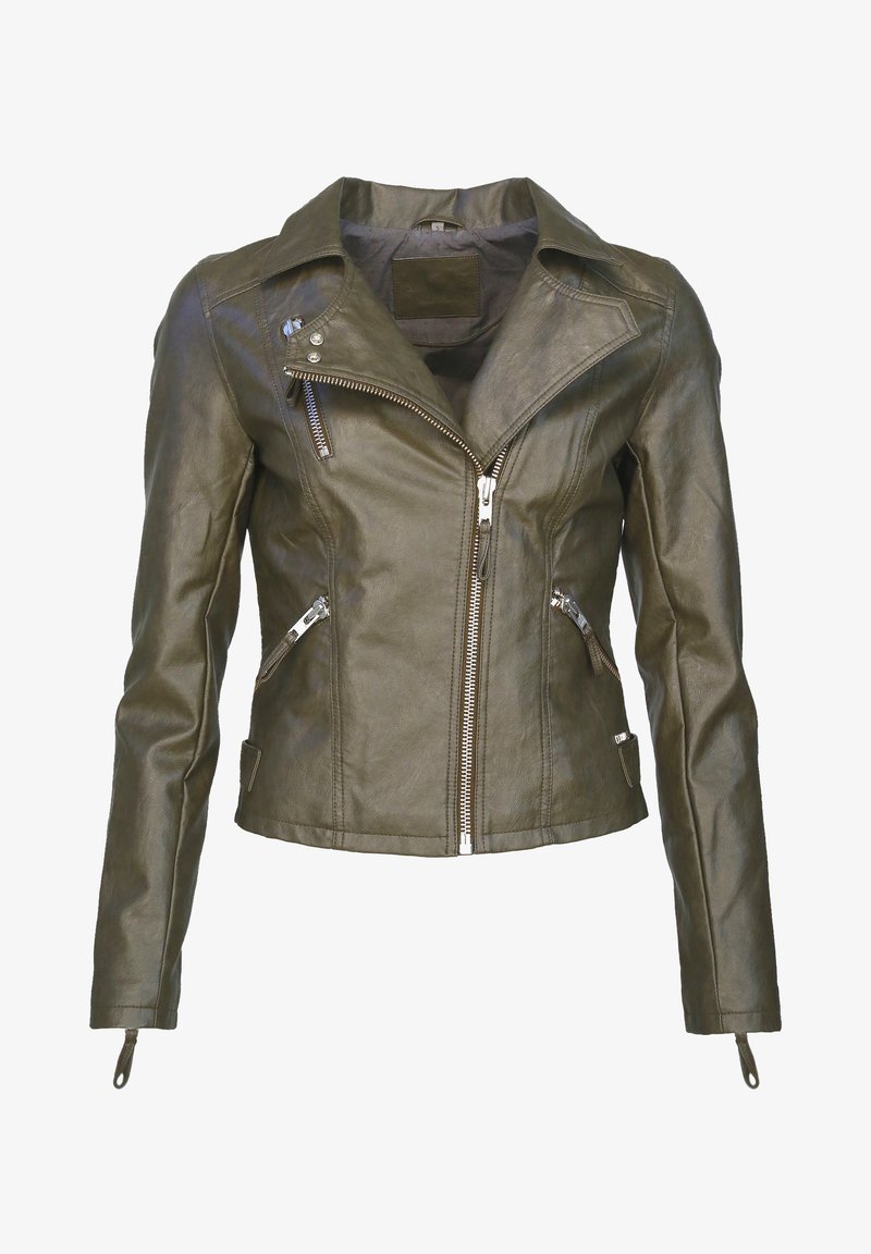 Olivenfarbene Leder-Bikerjacke mit silbernen Reißverschlüssen, asymmetrischem Frontverschluss und schrägen Reißverschlusstaschen.