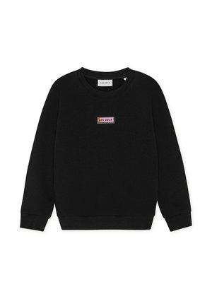 Felpa nera in cotone, con collo rotondo, polsini a costine e una piccola toppa colorata con il logo "LES DEUX" sul davanti.