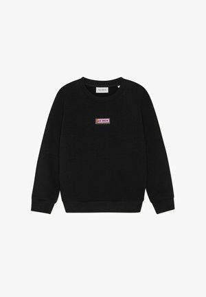 Hanorac negru din bumbac, cu gât rotund, manșete striate și o mică etichetă colorată cu logo-ul "LES DEUX" pe față.