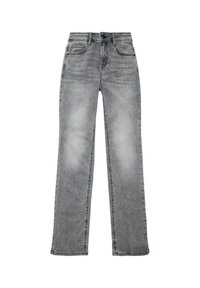 Jeans de denim gris con un diseño de pierna recta, estilo de cinco bolsillos y un acabado desvaído con ligero desgaste en la parte frontal.