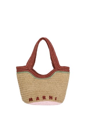 Borsa tote in paglia intrecciata con ampie maniglie color ruggine, rifiniture verdi e "MARNI" ricamato in colore ruggine sul bordo inferiore anteriore.