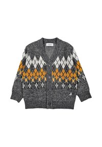 Cardigan grigio a maglia con motivo argyle arancione, bianco e nero sul petto e sulle maniche, chiusura frontale con bottoni e polsini e orlo a coste.