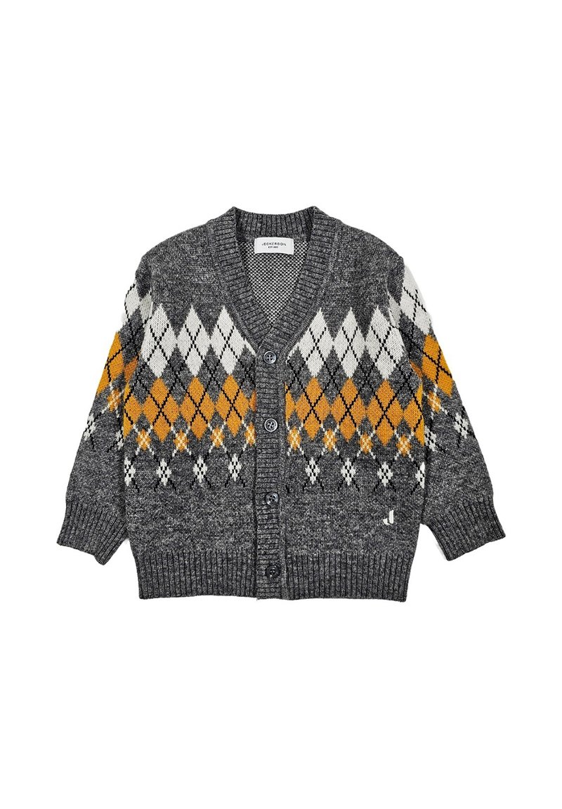 Cardigan grigio a maglia con motivo argyle arancione, bianco e nero sul petto e sulle maniche, chiusura frontale con bottoni e polsini e orlo a coste.