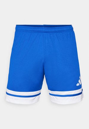 Blå sportshorts i lätt tyg, med vita randiga fållar, elastisk midja och en logotyp på nedre högra sidan.