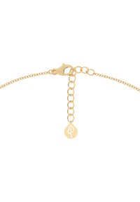 Guldkedjearmband med karbinhake och förlängningskedja med fler länkar. Har en rund hängsmycke med en stiliserad logotyp. Slät yta.