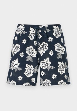 Granatowe szorty w białe kwiaty, z elastycznym pasem i sznurkiem do regulacji, zapewniające dopasowanie. Wykonane z lekkiego materiału.