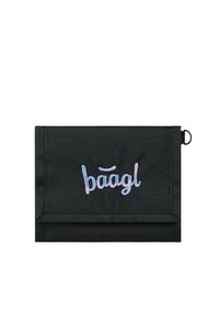 Black fabric pouch with a flap closure, featuring an embroidered "baagl" logo in pastel colors. Includes a loop for attachment.