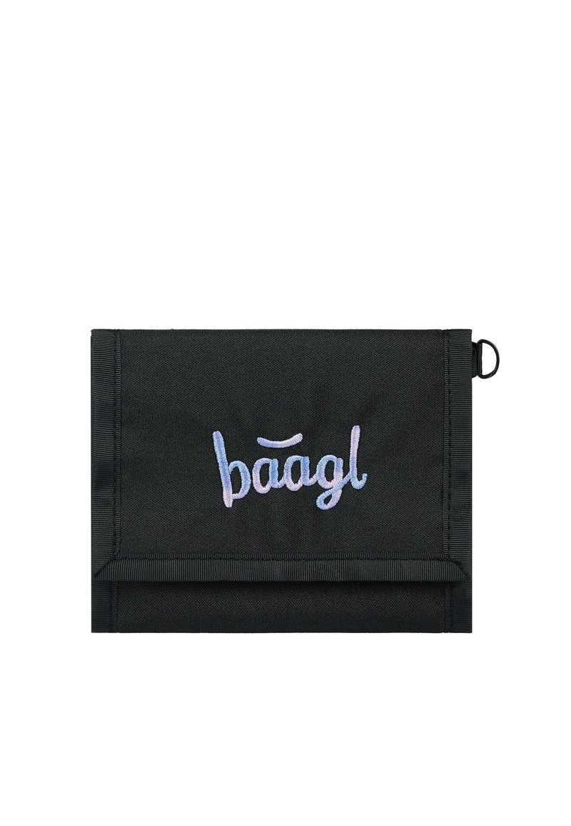 Black fabric pouch with a flap closure, featuring an embroidered "baagl" logo in pastel colors. Includes a loop for attachment.