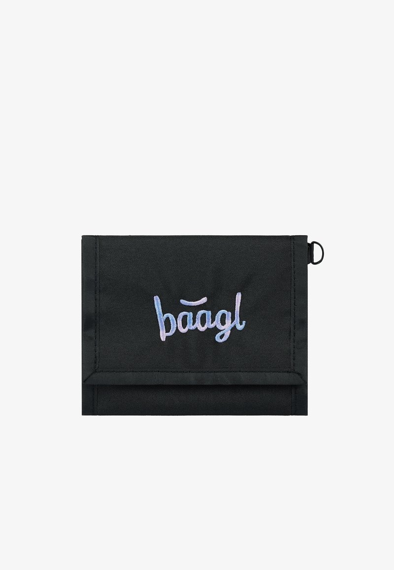 Černý textilní pytlík s klopou, na které je vyšitý logo "baagl" v pastelových barvách. Obsahuje očko pro připevnění.