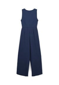 Combinaison sans manches bleu marine avec un col rond, des jambes larges et une taille cintrée. Texture lisse avec des plis subtils au dos.