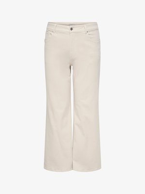 Kremfarvede bukser med højt liv og vide ben, med knap- og lynlåslukning foran, bæltestropper samt lommer foran og bagpå.