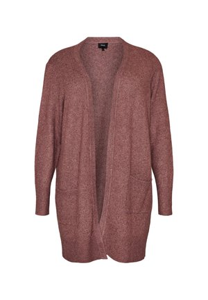 Long open-front cardigan in soft dusty rose knit with long sleeves and front patch pockets.