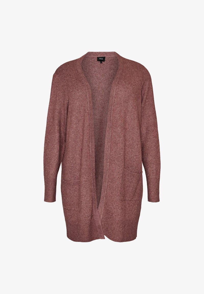 Μακρύ ζακέτα με ανοιχτό μπροστινό μέρος σε απαλό πλεκτό σε χρώμα σκόνης ροζ, με μακριά μανίκια και μπροστινές τσέπες.