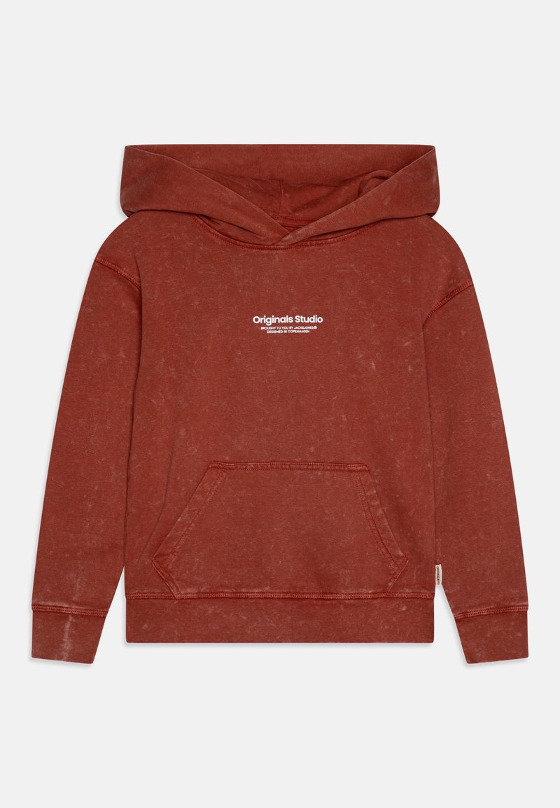 Red hoodie made from soft fabric, featuring a front pocket, drawstring hood, and white logo text on the chest. Distressed texture.