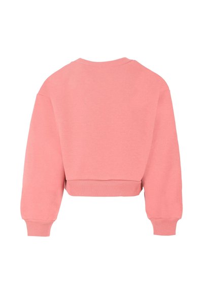 Pullover accorciato in rosa chiaro, realizzato in tessuto morbido. Presenta un colletto rotondo, polsini a coste e una superficie leggermente testurizzata.