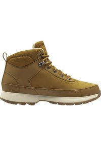 Botas de senderismo de media caña en marrón con un upper de cuero suave y texturizado. Presentan ojetes de metal, cordones y una mediasuela blanca contrastante.
