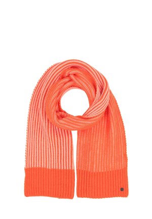 Knitted scarf with alternating light and dark orange horizontal stripes, featuring a wide ribbed texture and a solid color band at the ends.