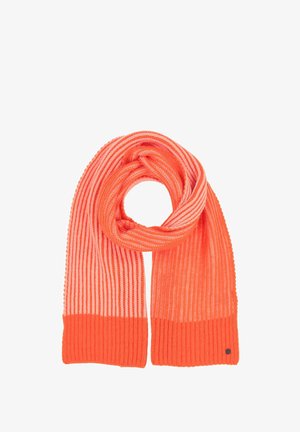 Knitted scarf with alternating light and dark orange horizontal stripes, featuring a wide ribbed texture and a solid color band at the ends.