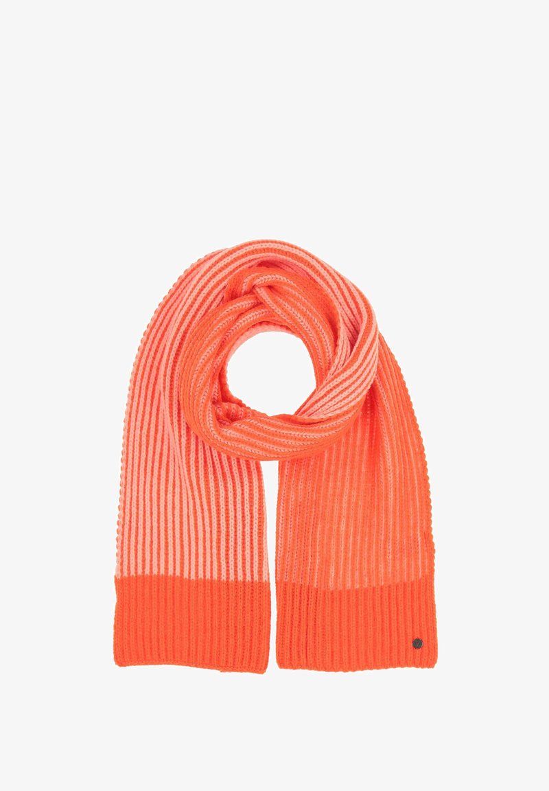 Sciarpa lavorata a maglia con strisce orizzontali alternate di arancione chiaro e scuro, caratterizzata da una ampia texture a coste e una banda di colore solido alle estremità.