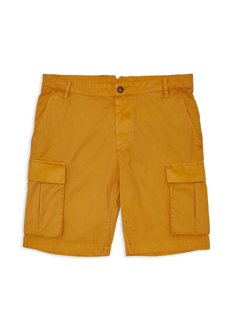 Cargo-Shorts in Senfgelb, aus leichtem Stoff. Mit zwei Seitentaschen und zwei großen Cargotaschen an den Oberschenkeln.