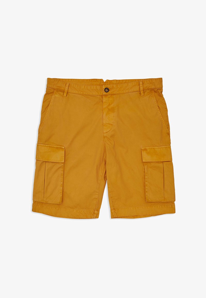 Cargo-Shorts in Senfgelb, aus leichtem Stoff. Mit zwei Seitentaschen und zwei großen Cargotaschen an den Oberschenkeln.