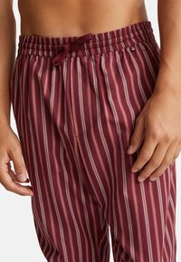 Bordeaux gestreepte broek met een verstelbare tailleband en zijzakken; stof lijkt glad met contrasterende lichte en donkere strepen.