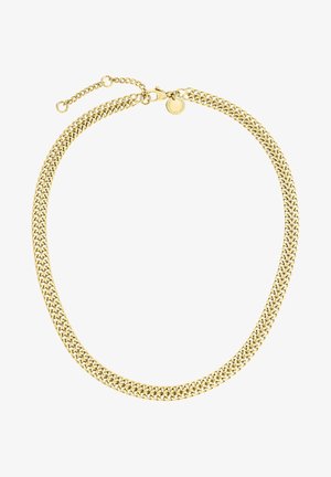 Collana a catena placcata in oro con un design spesso e intrecciato. Chiusura a gancio con lunghezza regolabile e piccolo accento con etichetta.