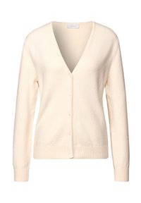 Cardigan crema con scollatura a V, maniche lunghe, texture morbida, orlo e polsini a coste, e chiusura frontale con bottoni. Design leggero e versatile.