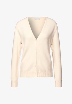 Krémový kardigan s V-výstřihem a dlouhými rukávy, měkká textura, žebrovaný lem a manžety, a zapínání na knoflíky. Lehký a univerzální design.
