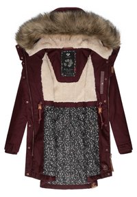 Maroon jacket with faux fur-lined hood, soft beige inner lining, and patterned black interior. Features zipper and button closures, adjustable drawstring.
