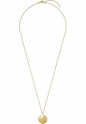 Goldfarbene Halskette mit einem flachen, runden Anhänger und einer zarten Kette. Verfügt über einen einfachen Verschluss und ist in der Länge verstellbar.