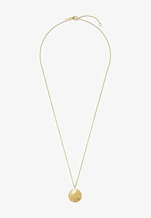 Goldfarbene Halskette mit einem flachen, runden Anhänger und einer zarten Kette. Verfügt über einen einfachen Verschluss und ist in der Länge verstellbar.