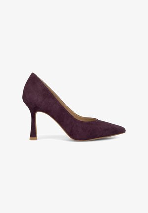 Purple suede high-heeled pump with a pointed toe and a slim stiletto heel. Features a smooth finish and a beige interior lining.