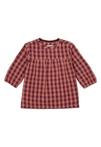 Langärmliges Kleid mit karierter Musterung in tiefem Burgunderrot und hellem Rosa. Es hat einen runden Ausschnitt und eine geraffte Taille mit Knopfakzenten.