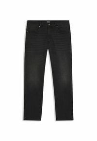 Jeans neri con vestibilità dritta, realizzati in denim. Le caratteristiche includono cinque tasche, chiusura con bottone e una leggera scoloritura sulle cosce.