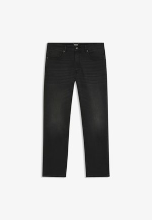 Zwarte spijkerbroek met een rechte pasvorm, gemaakt van denim. Voorzien van vijf zakken, knoopsluiting en subtiele vervaging bij de bovenbenen.