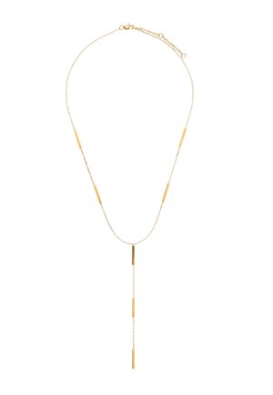 Delikatny naszyjnik z cienkiego złotego łańcuszka z pionowymi prostokątnymi akcentami równomiernie rozmieszczonymi, z opadającym w kształcie litery Y długim elementem ozdobionym trzema prostokątnymi zawieszkami.