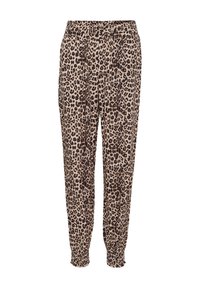Pantaloni leopardati in beige e marrone, con una vita elastica e orli a sigaretta. Tessuto morbido con una vestibilità ampia e rilassata.