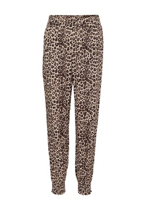Pantalons en imprimé léopard beige et marron, avec une taille élastique et des poignets fuselés. Tissu doux avec une coupe ample et décontractée.