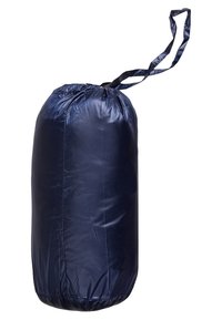 Granatowy cylindryczny worek na sprzęt z zaciągiem i przymocowaną pętlą do noszenia, na białym tle.